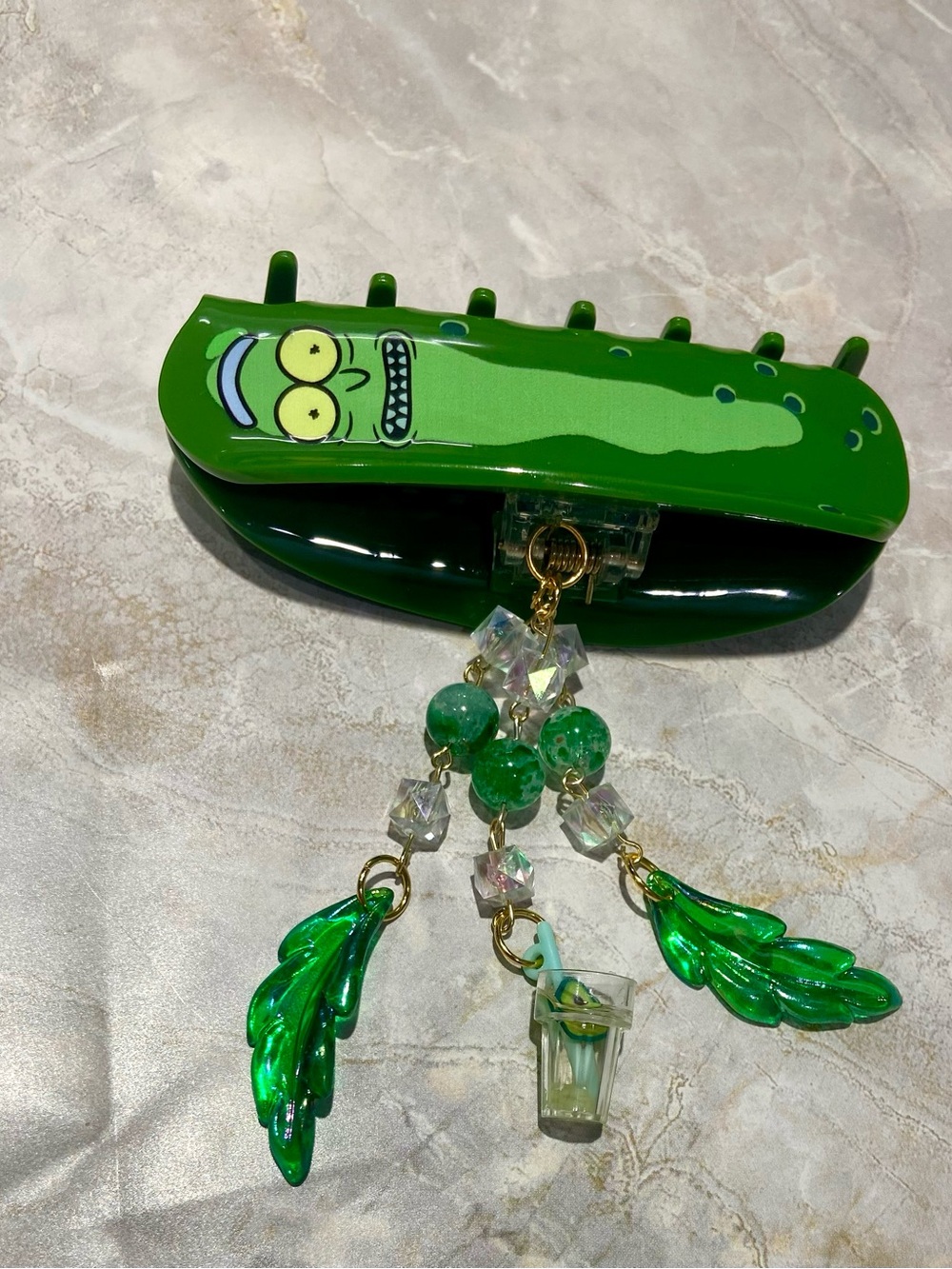Hand Crafted Green Pickle Hair Clip with Beaded Tassel Charm